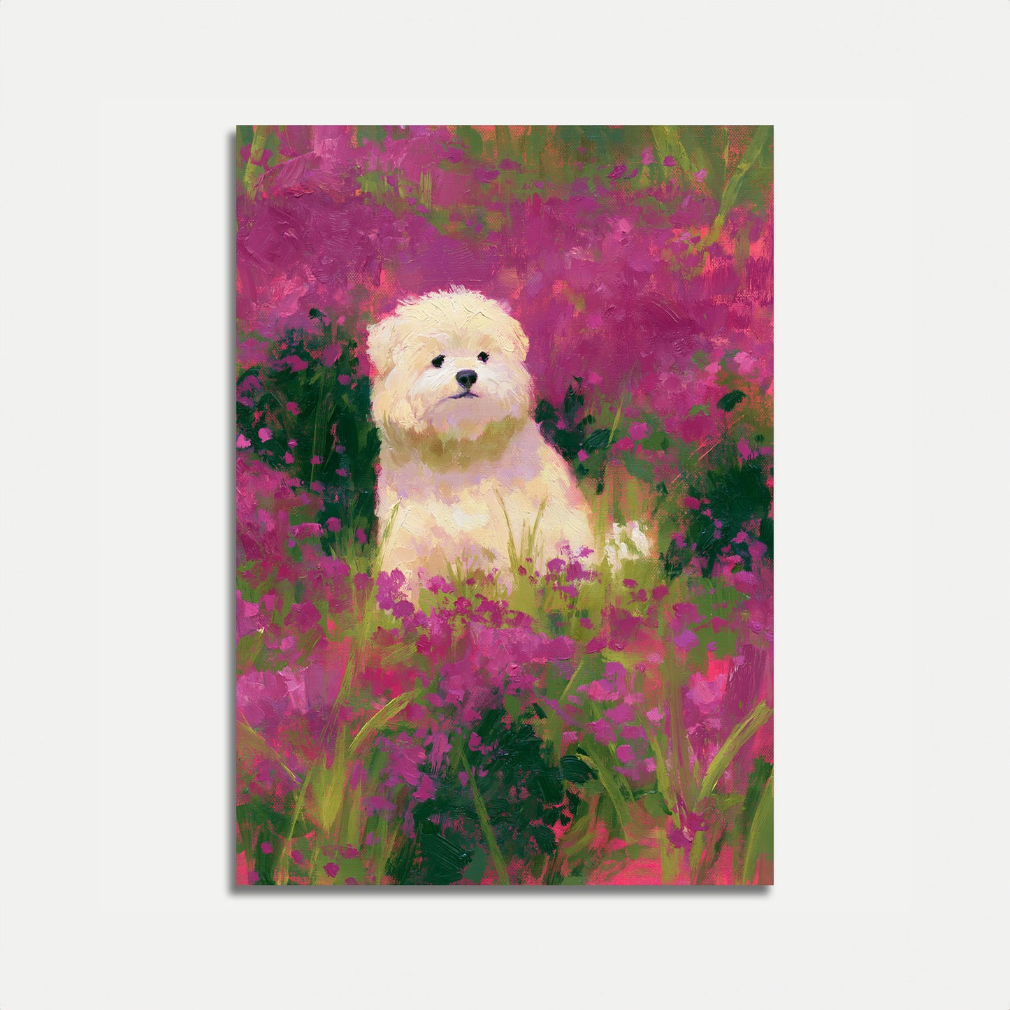Hvit hund i blomsterhage-plakat