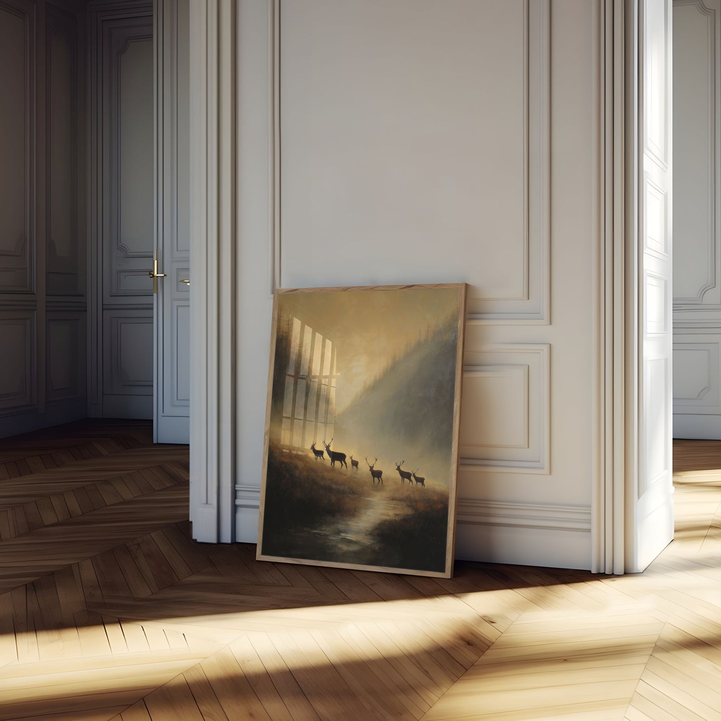 Hertenkudde in Mistig Bos Poster