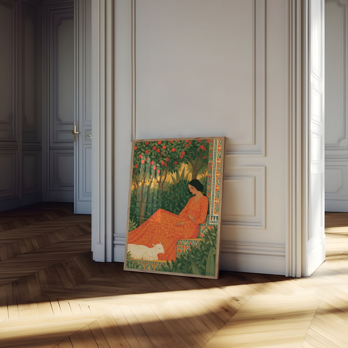Frau im Garten mit Ziege Poster
