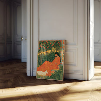 Frau im Garten mit Ziege Poster