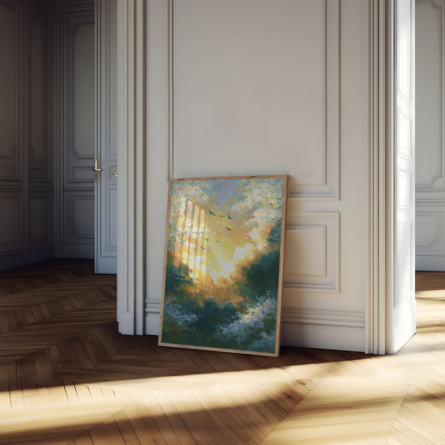 Póster de Pájaros Volando por el Cielo Dorado