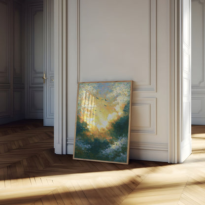 Póster de Pájaros Volando por el Cielo Dorado