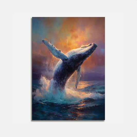 Cartaz Baleia Saltando no Pôr do Sol Dourado