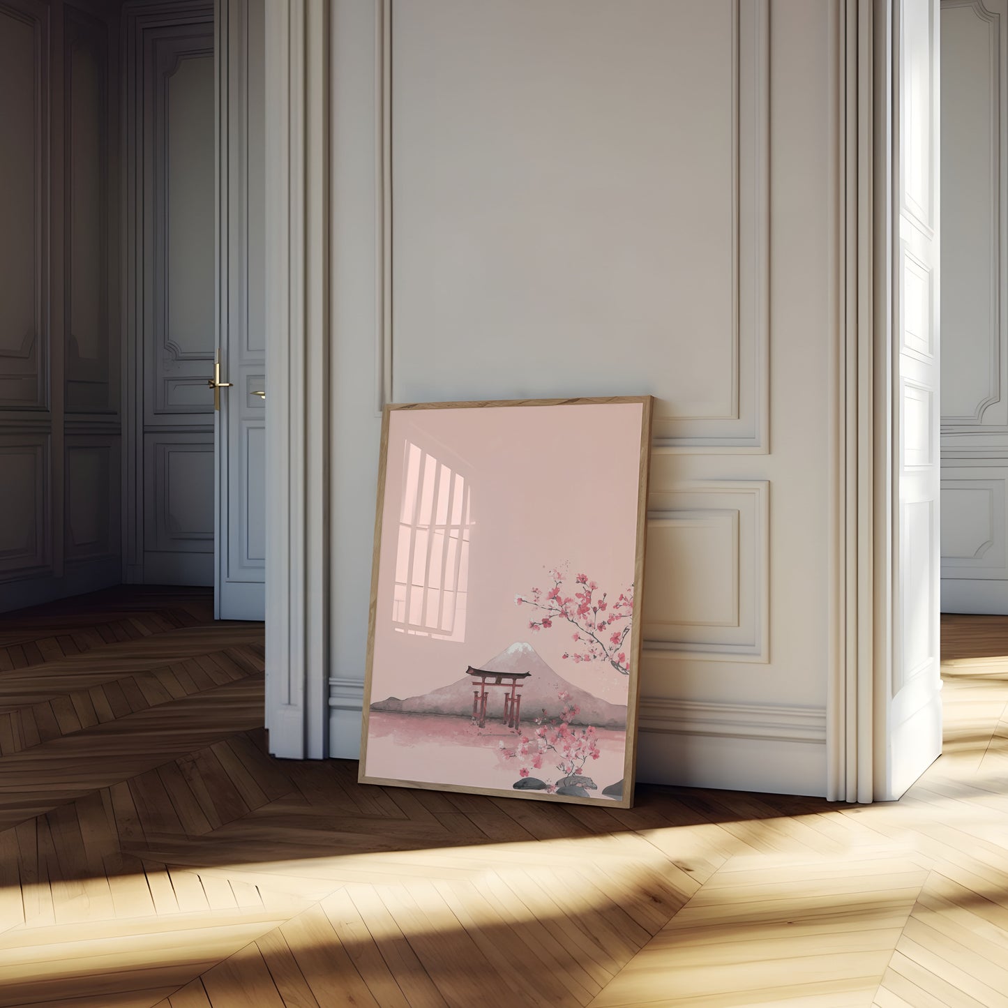 Póster de paisaje de montaña con cerezos en flor