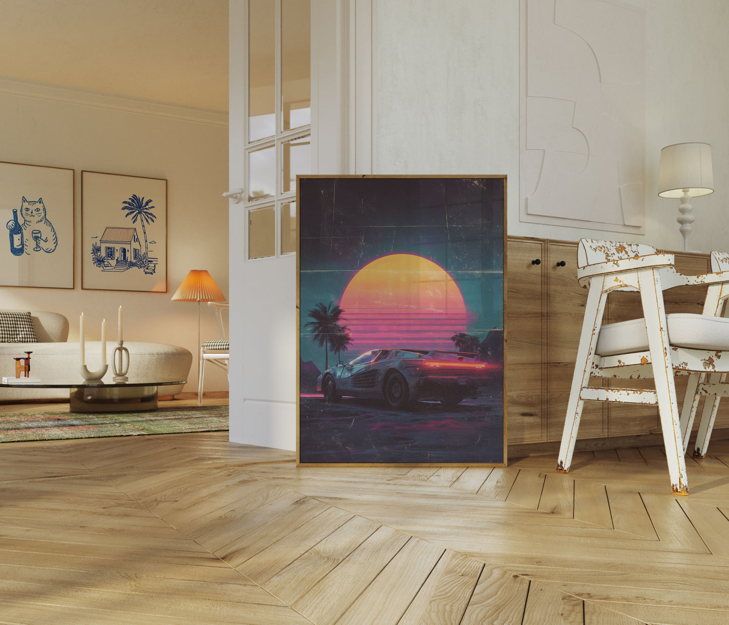 Retro Solnedgang Synthwave Plakat
