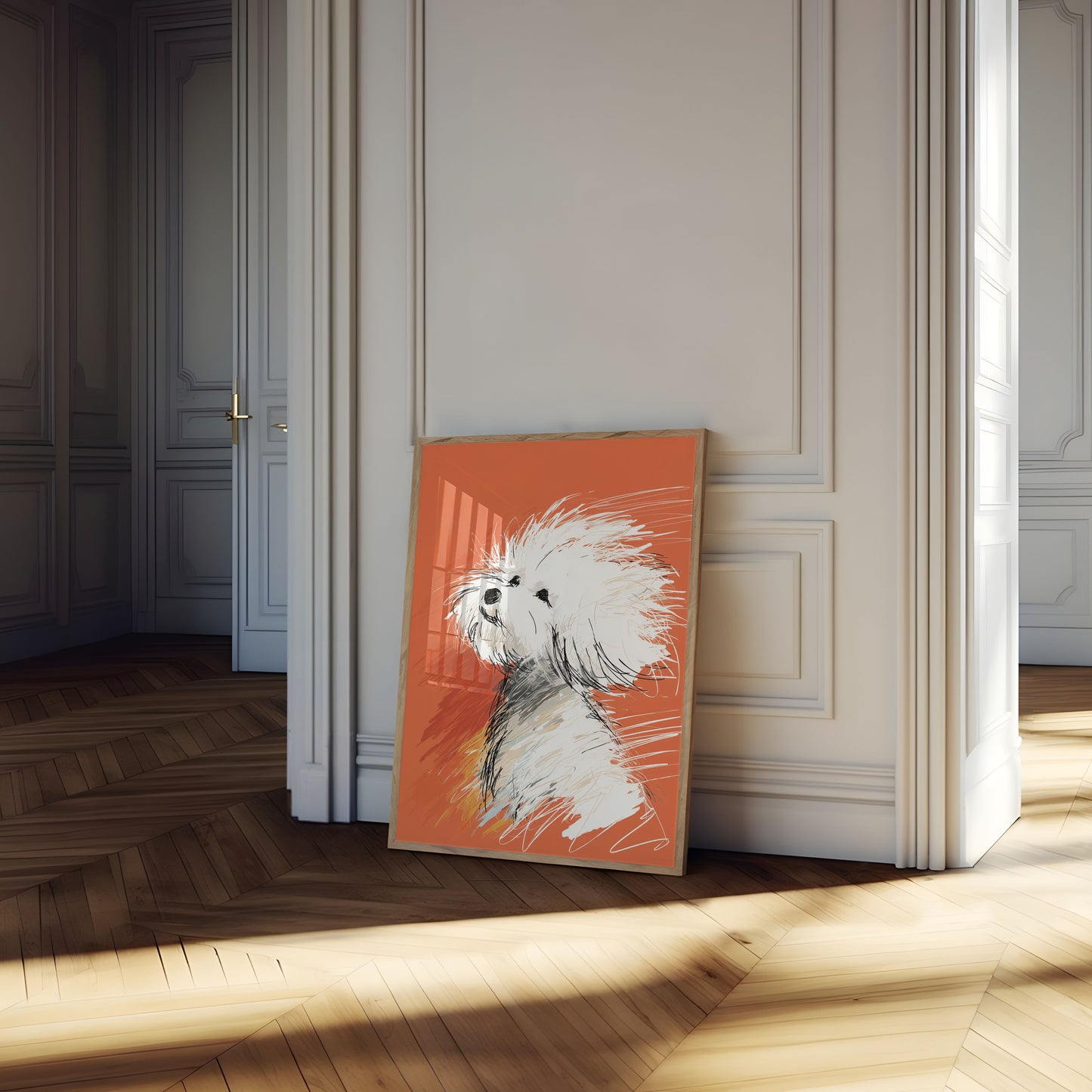 Affiche de croquis de chien blanc duveteux