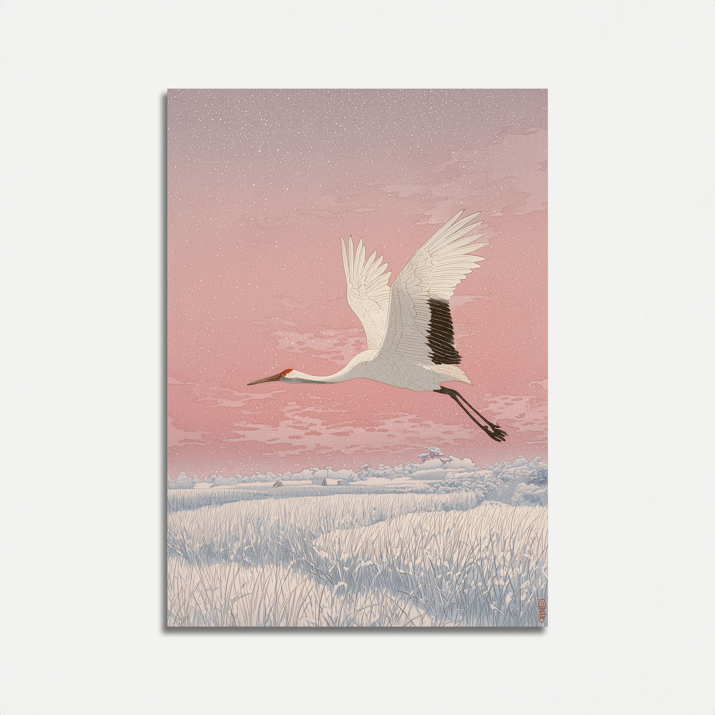 Póster de Grúa Volando Sobre Campos de Invierno