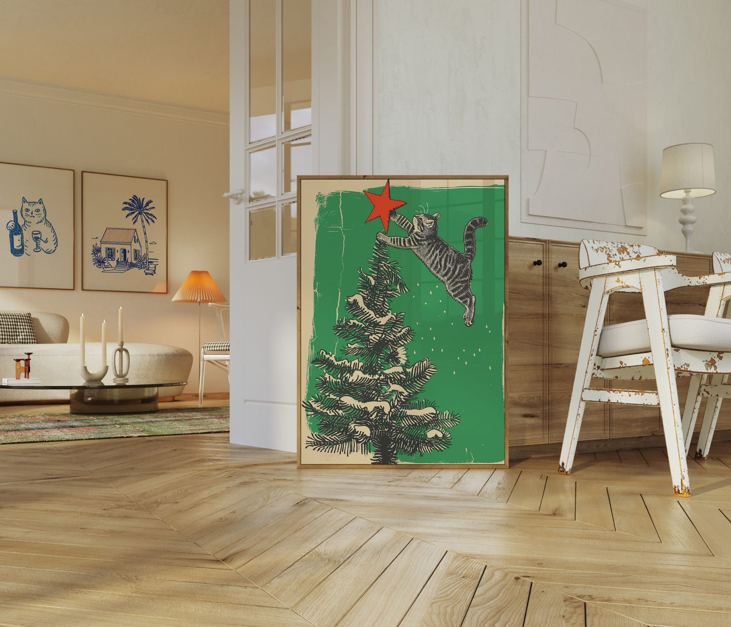 Cat Reaching Christmas Star Poster