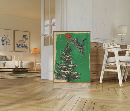 Cat Reaching Christmas Star Poster