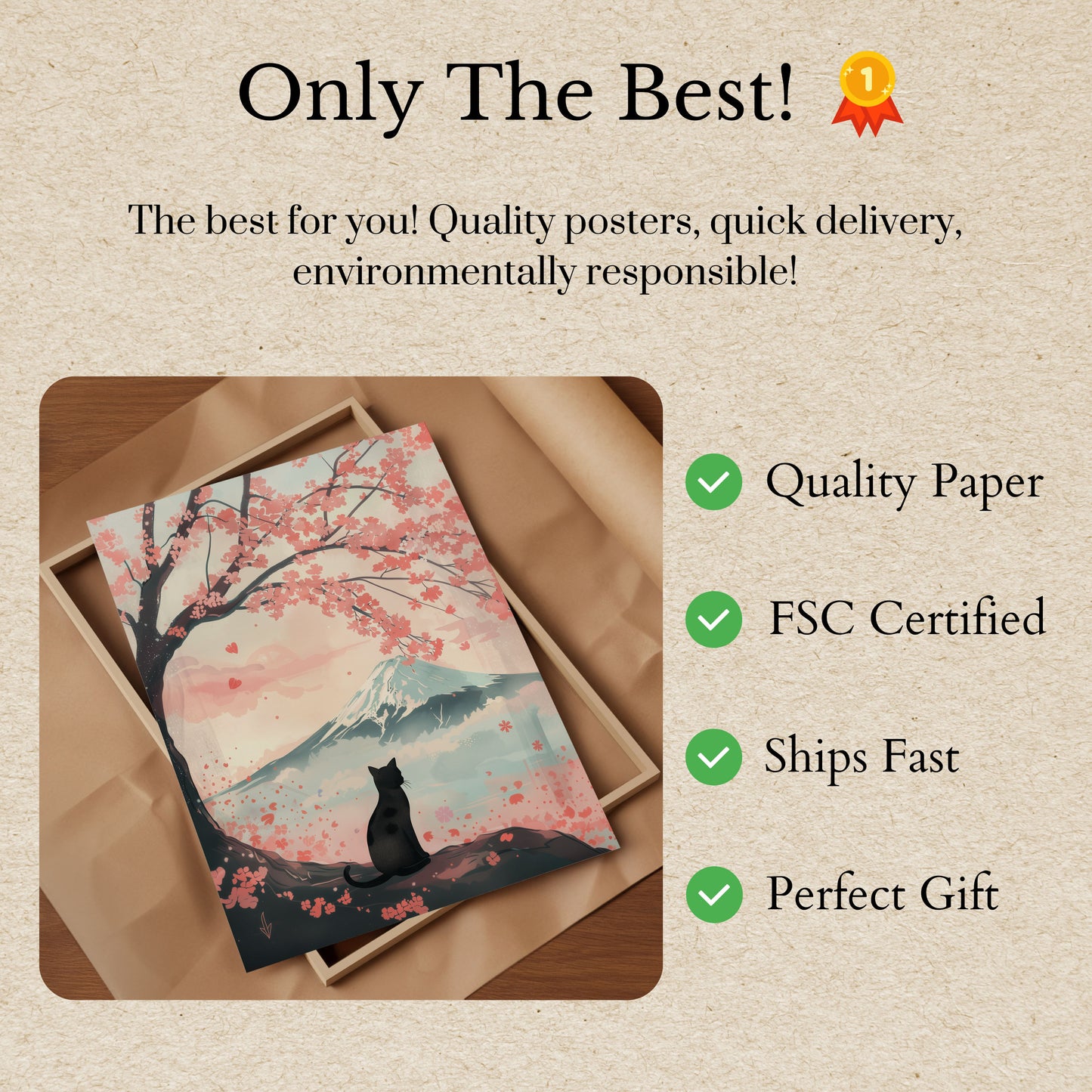 Póster del Monte Fuji con un gato sereno