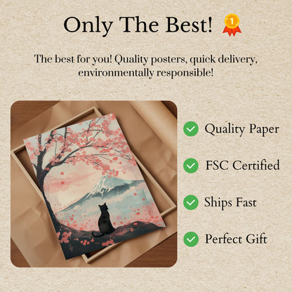 Póster del Monte Fuji con un gato sereno