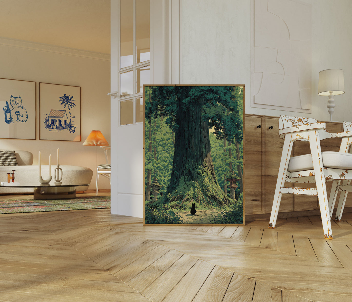 Plakat med gammelt træ i hellig skov