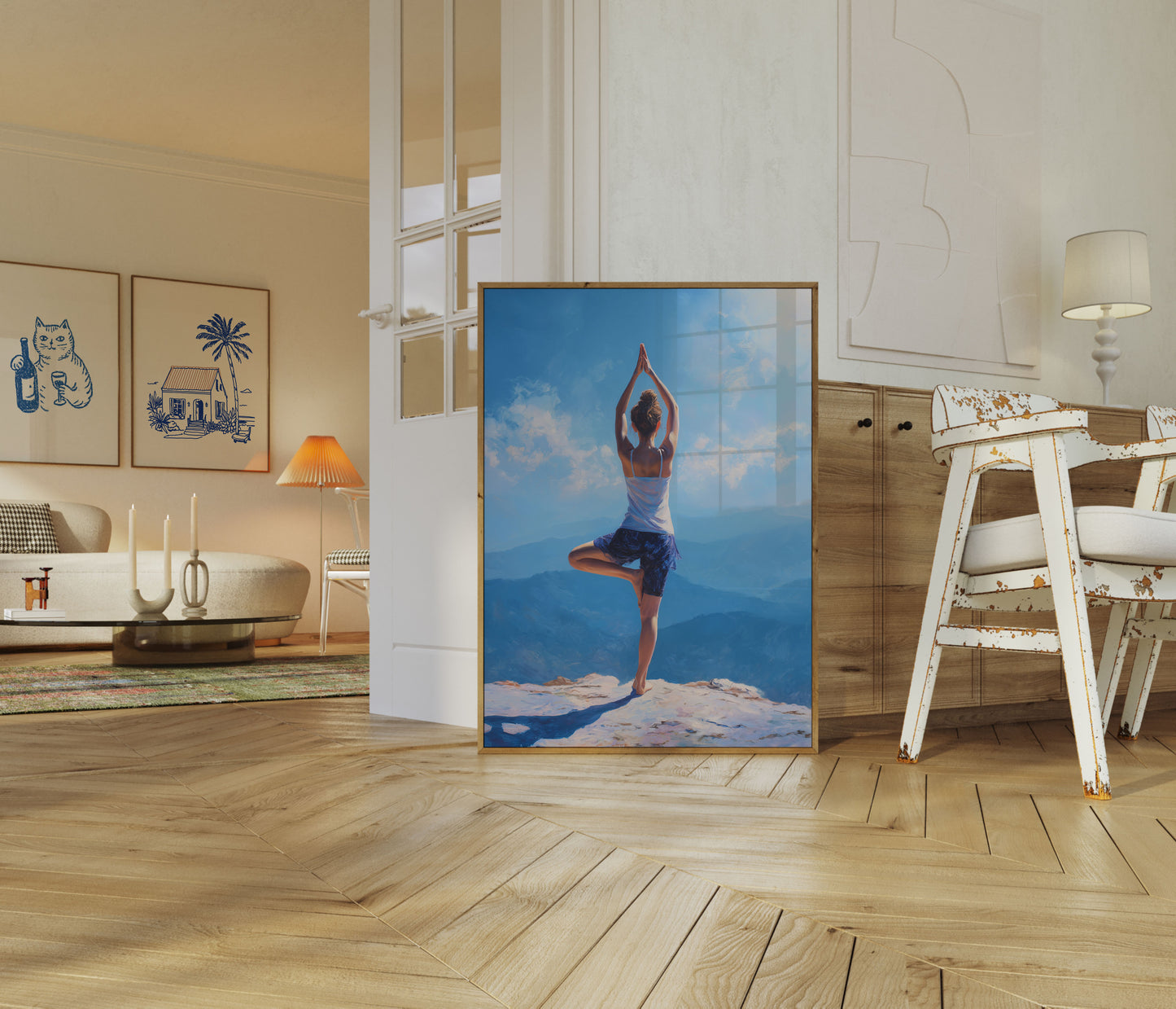 Póster de yoga en la cima de la montaña