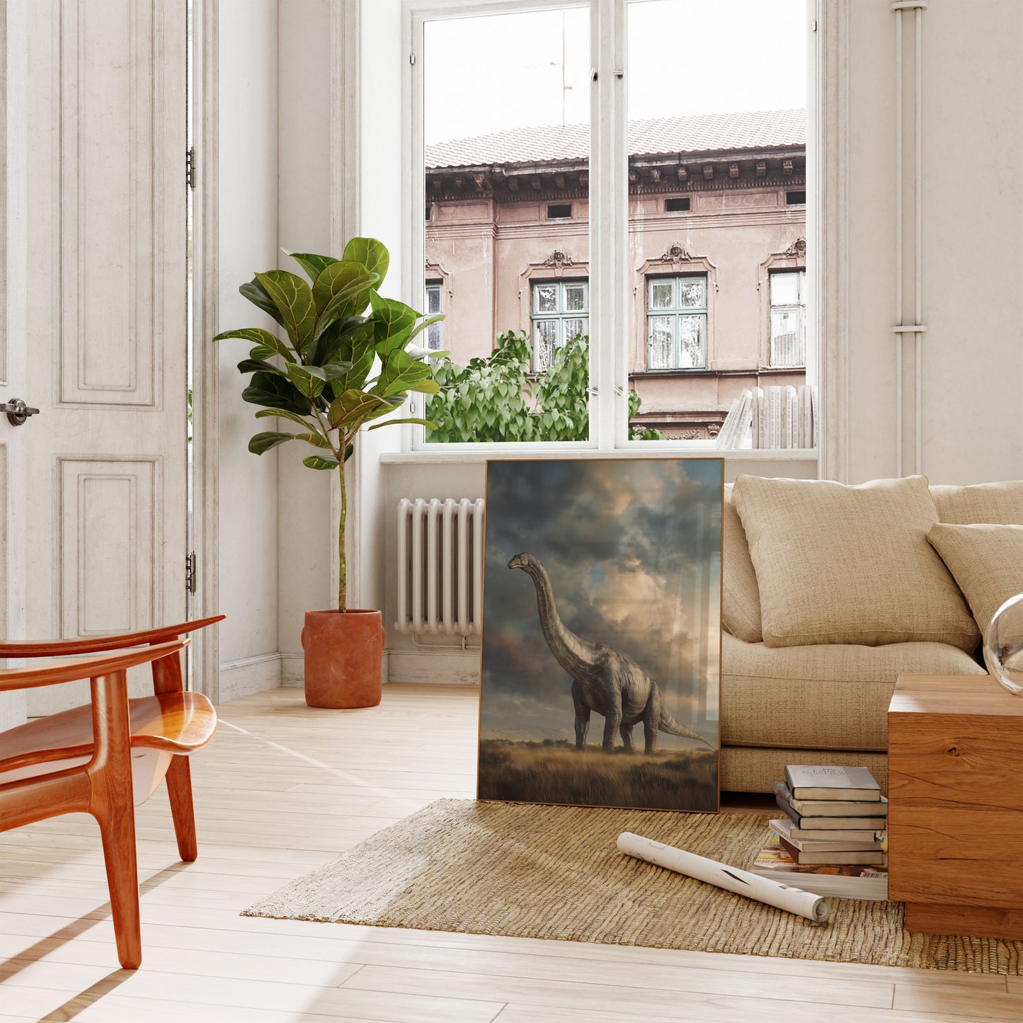 Póster de paisaje prehistórico majestuoso del Brontosaurio