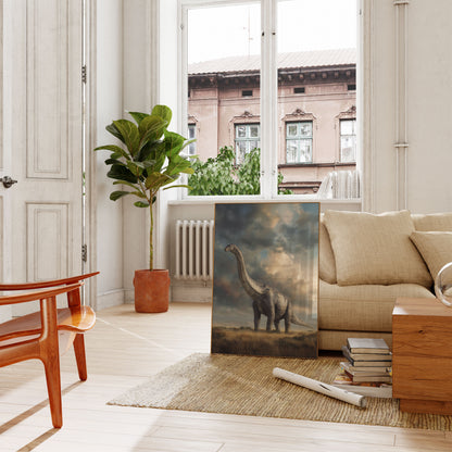 Póster de paisaje prehistórico majestuoso del Brontosaurio