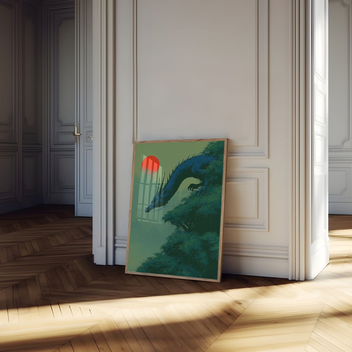 Blå drage i grøn skov plakat
