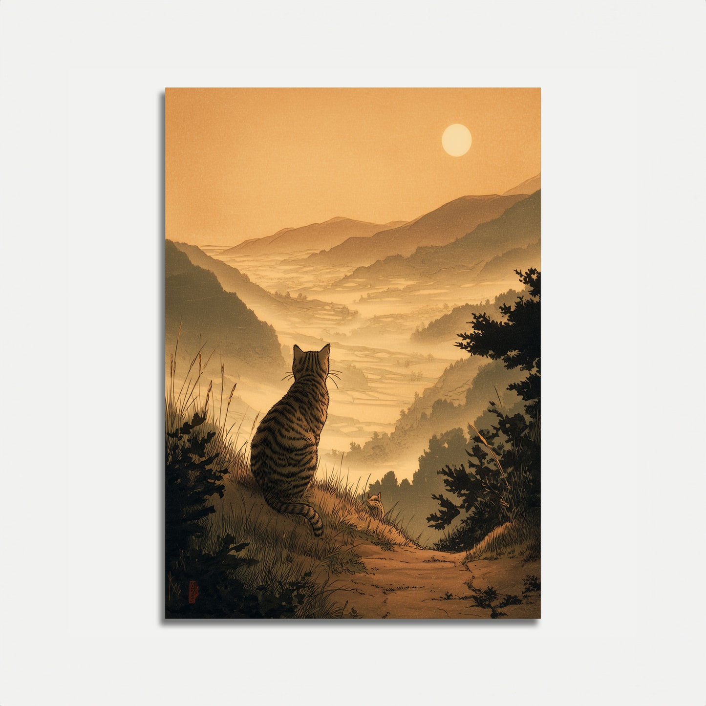 Póster de Gato Observando un Valle de Montaña Brumosa