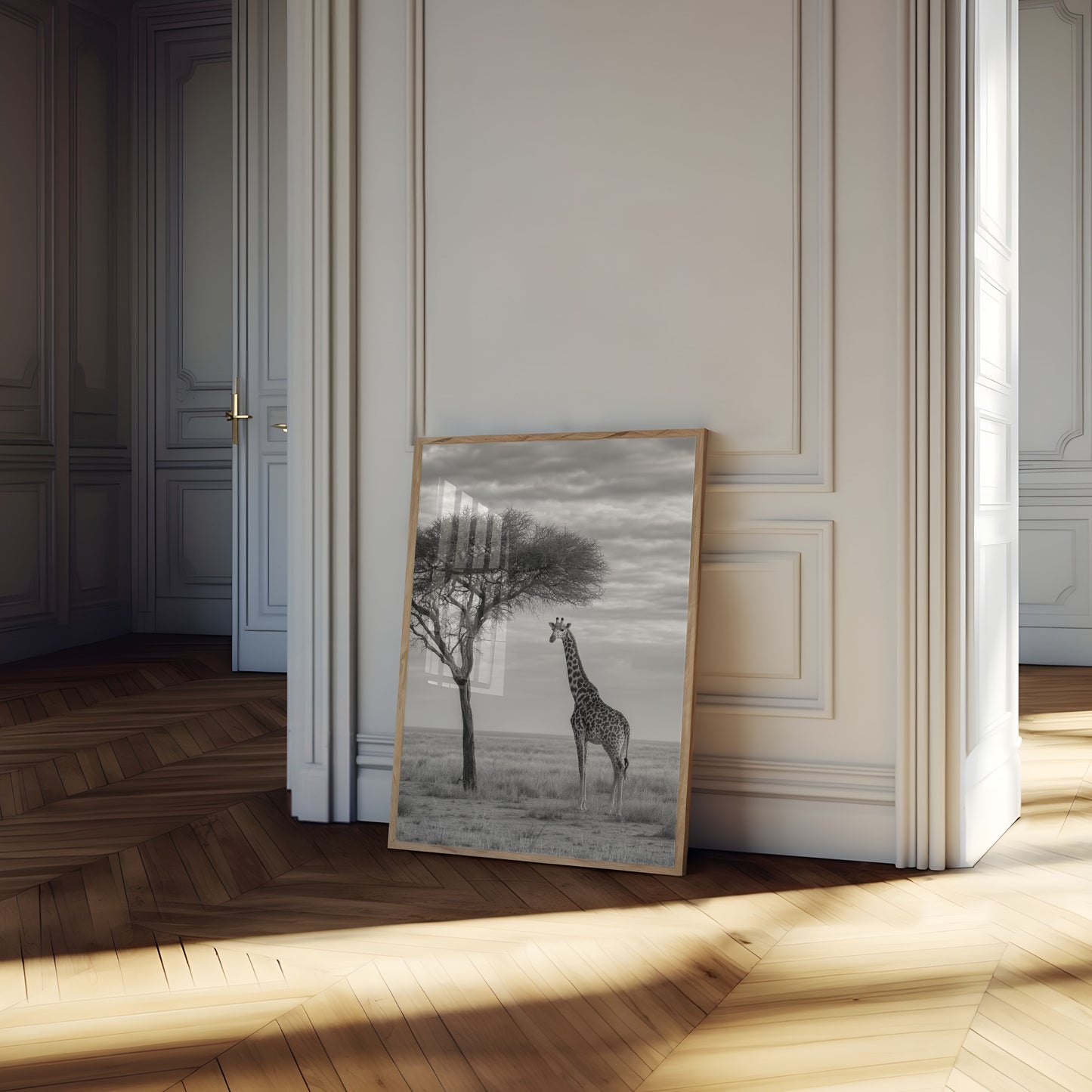 Póster de paisaje africano con jirafa solitaria