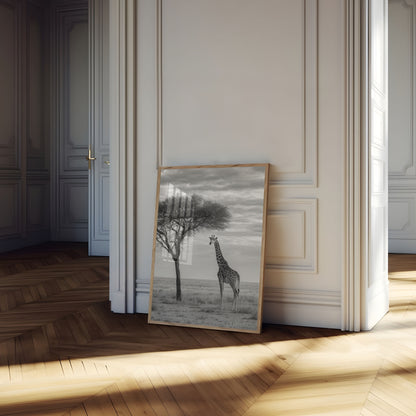 Póster de paisaje africano con jirafa solitaria