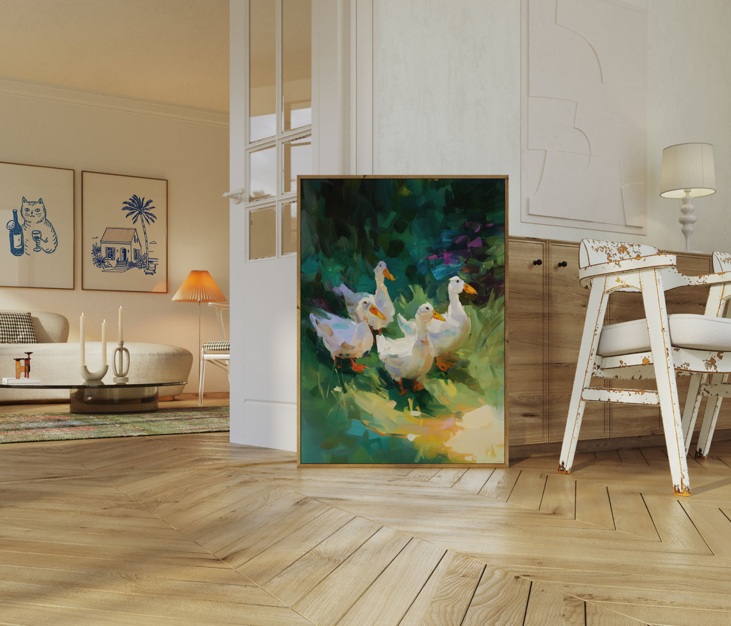 White Ducks in Green Meadow Poster