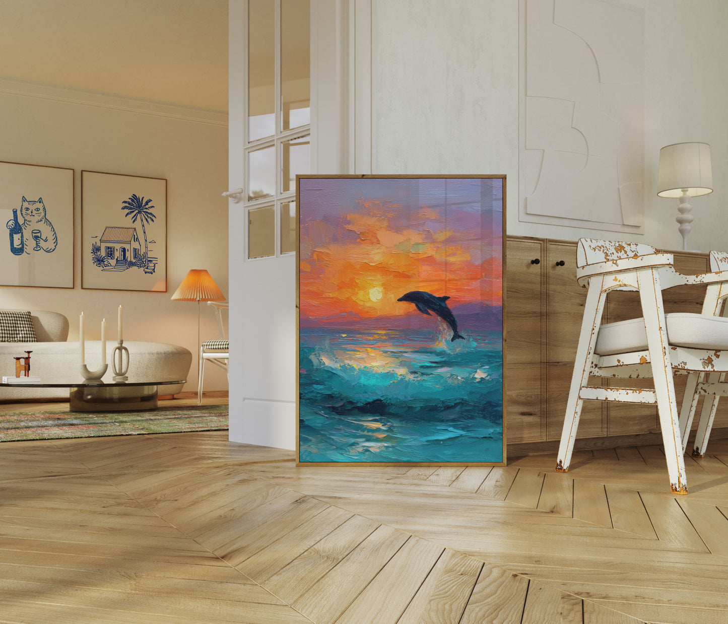 Delfin som hopper ved solnedgang plakat