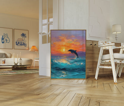 Delfin som hopper ved solnedgang plakat