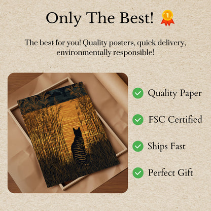 Cat Watching Golden Sunset Poster