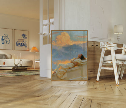 Poster: Mulher Olhando Nuvens Douradas
