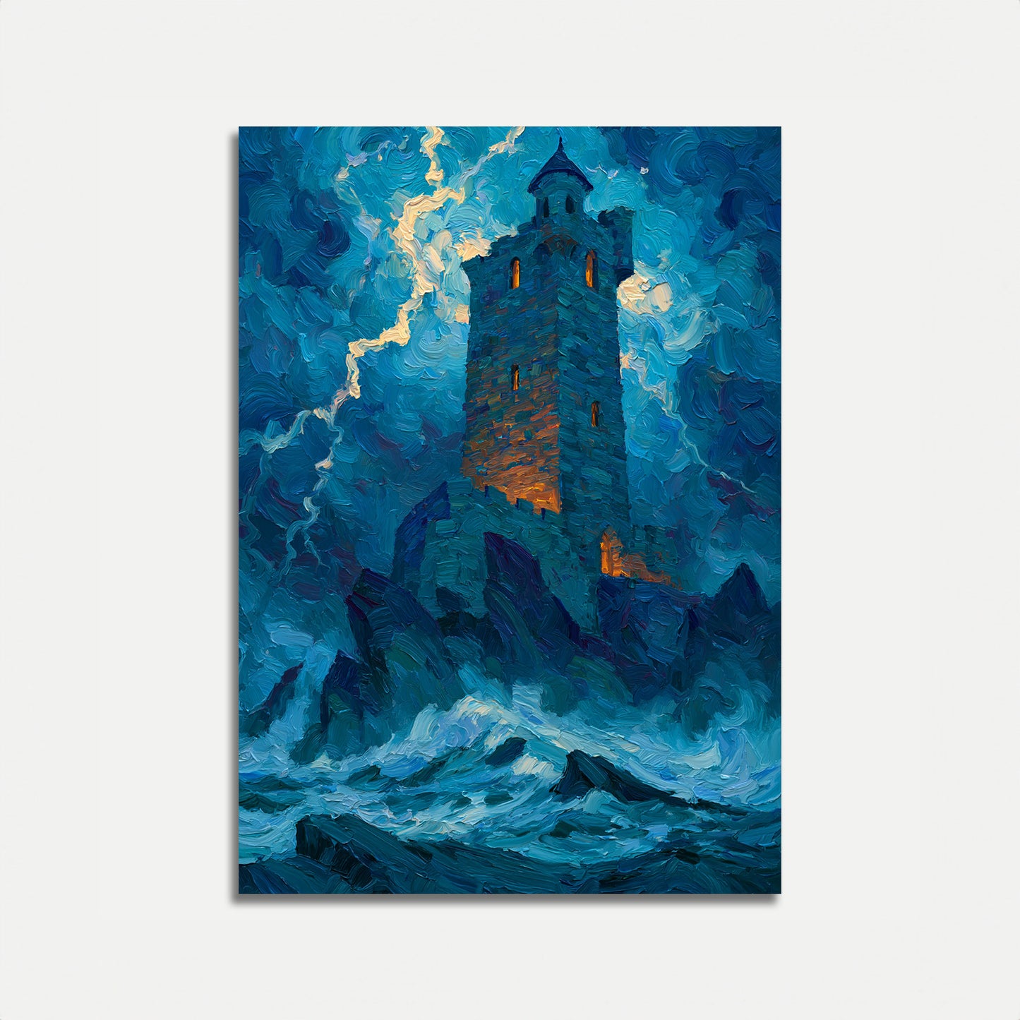 Lighthouse in Stormy Seas Poster