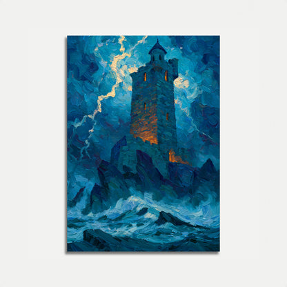 Lighthouse in Stormy Seas Poster