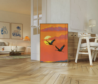 Grues volant au coucher du soleil - Affiche