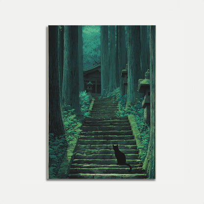 Schwarze Katze Tempel Treppen Plakat