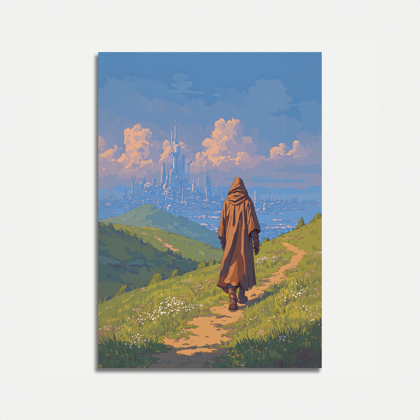Traveler Gazing at Futuristic City Poster