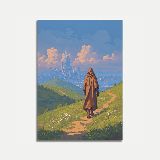 Viajero Contemplando un Póster de Ciudad Futurista