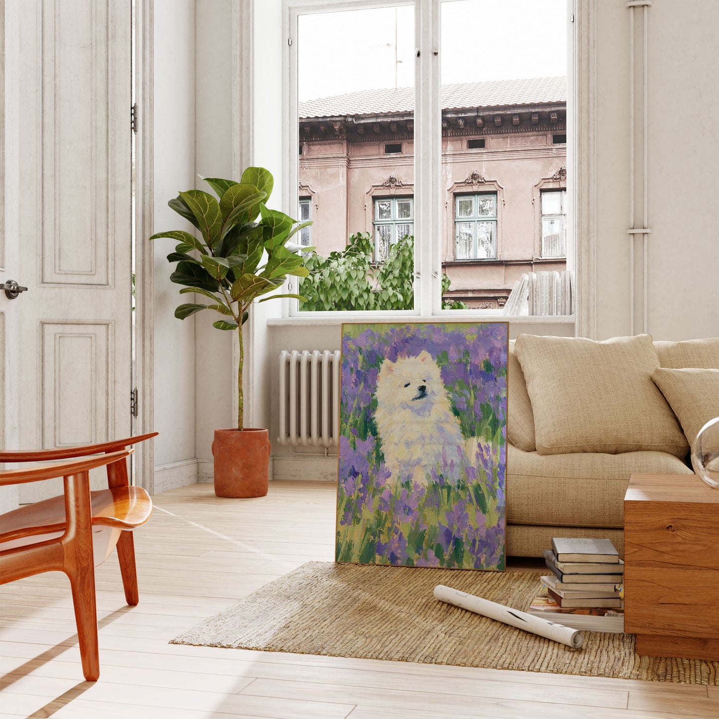 Plakat: Hvit Hund i Lavendelfelt