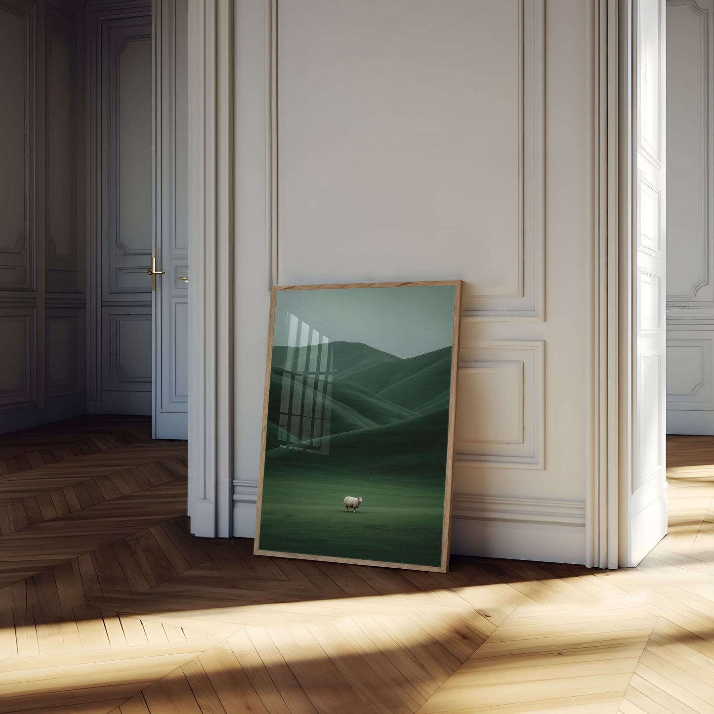 Pecora solitaria nei prati verdi Poster