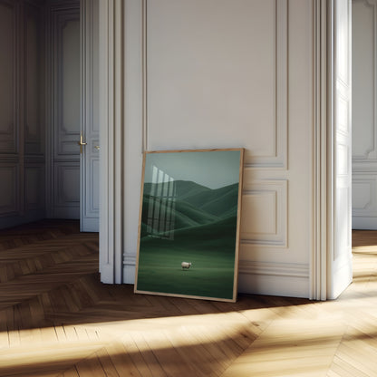 Pecora solitaria nei prati verdi Poster