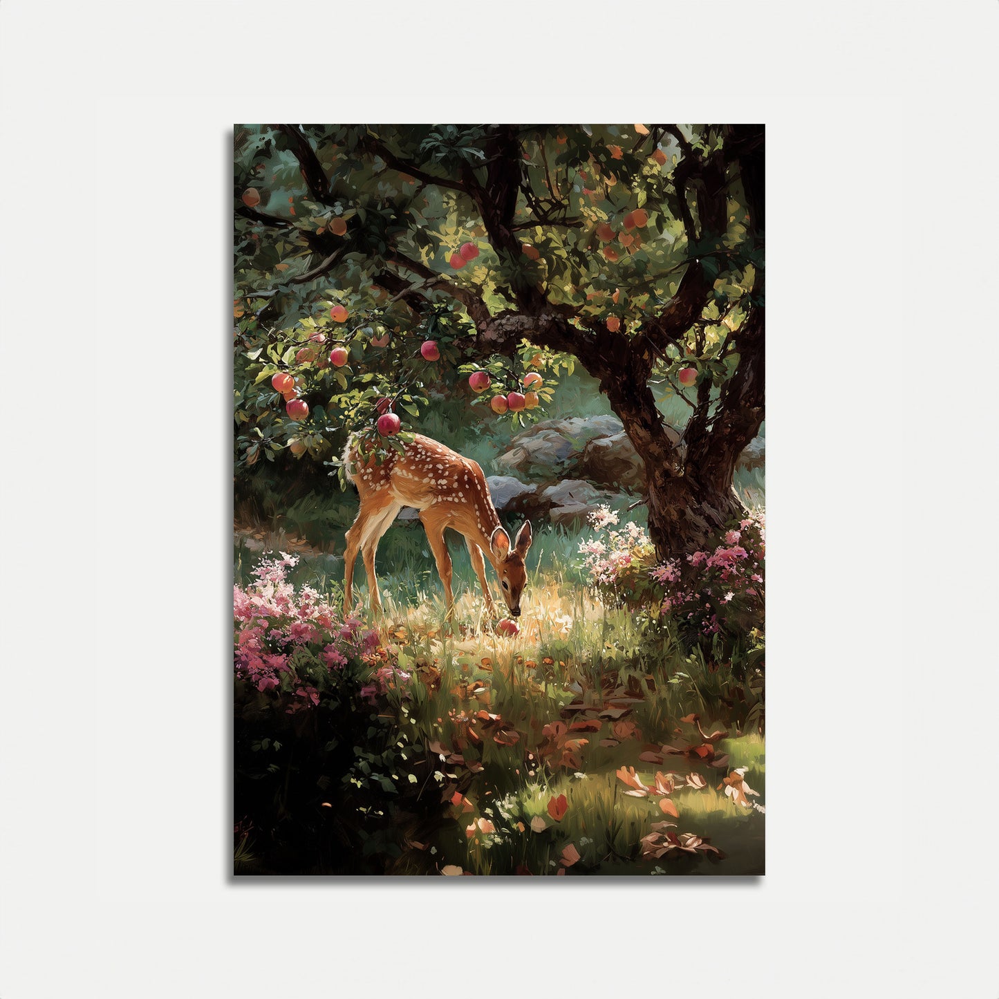Deer in Orchard Garden Poster