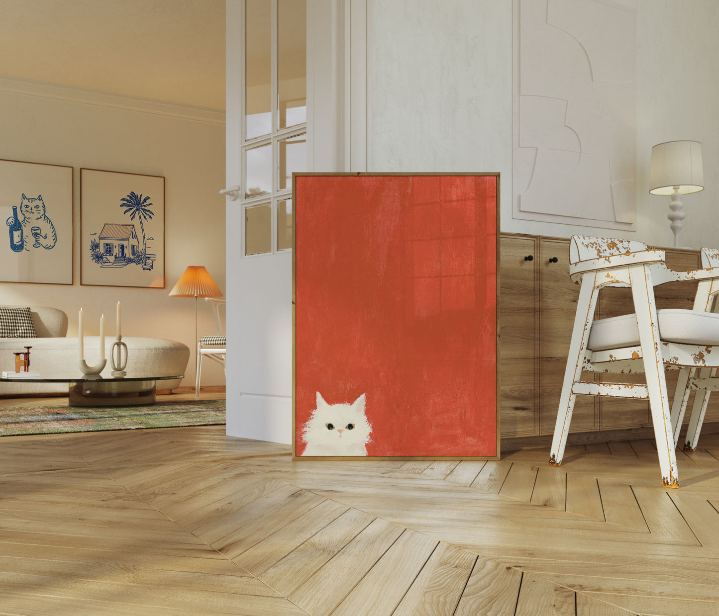 Poster Gatto Bianco Sfondo Rosso