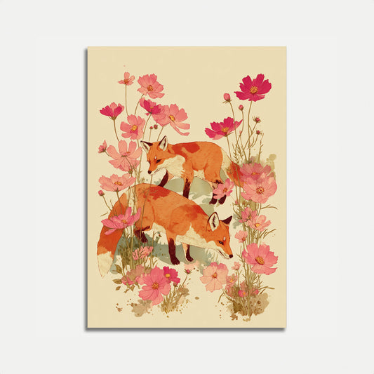 Affiche Renards dans les Fleurs de Cosmos