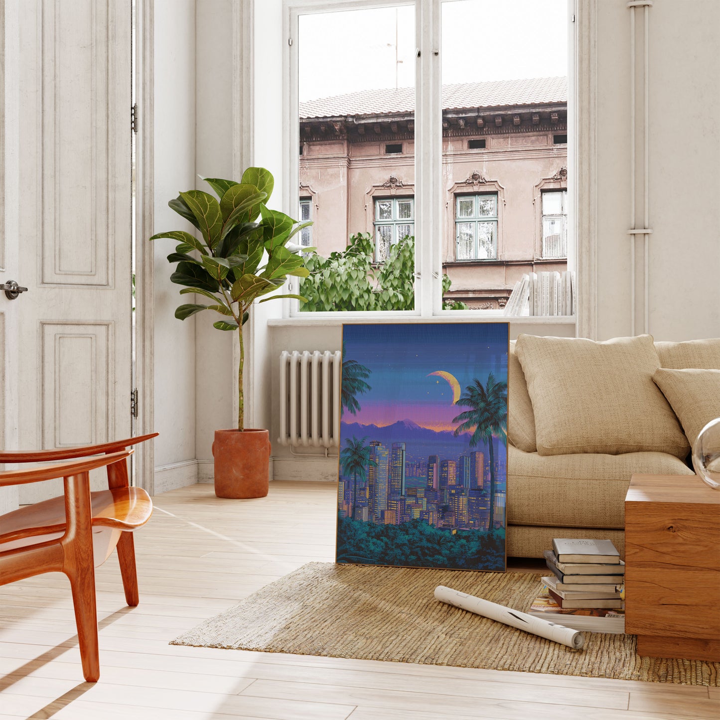 Neon City Skyline Night Plakat