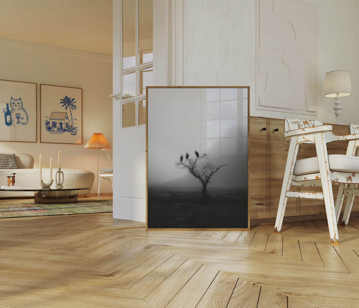Misty Birds on Barren Tree Poster