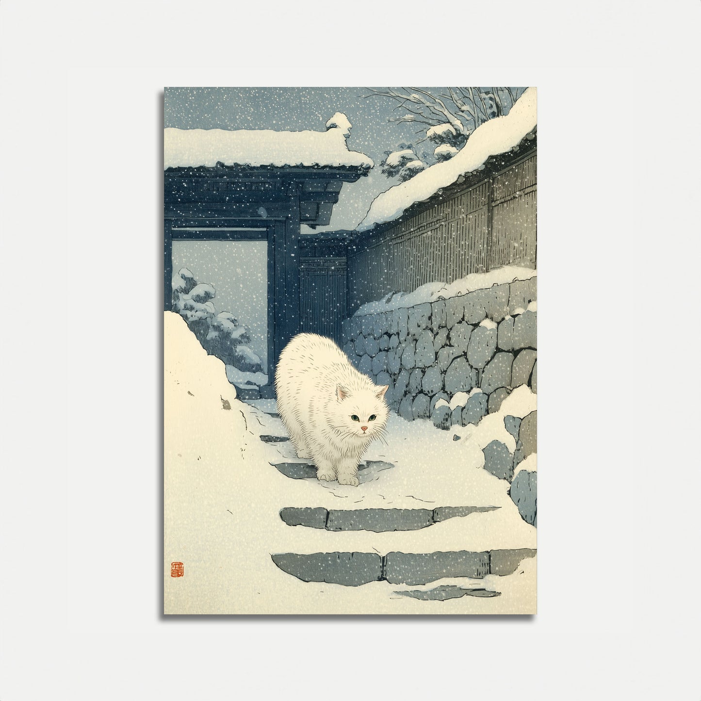 Póster de Gato Blanco en la Nieve de Invierno