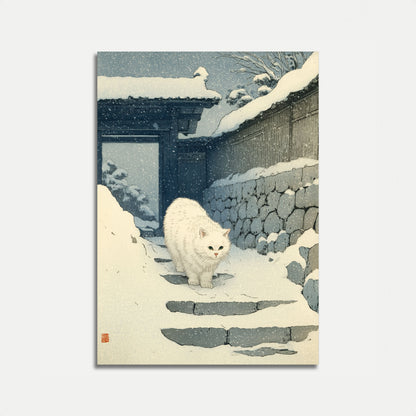 Póster de Gato Blanco en la Nieve de Invierno