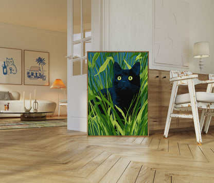 Black Cat in Tall Grass Poster
