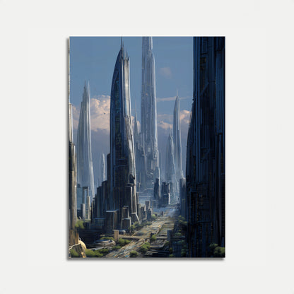 Futuristická městská krajina s vysokými mrakodrapy Plakát