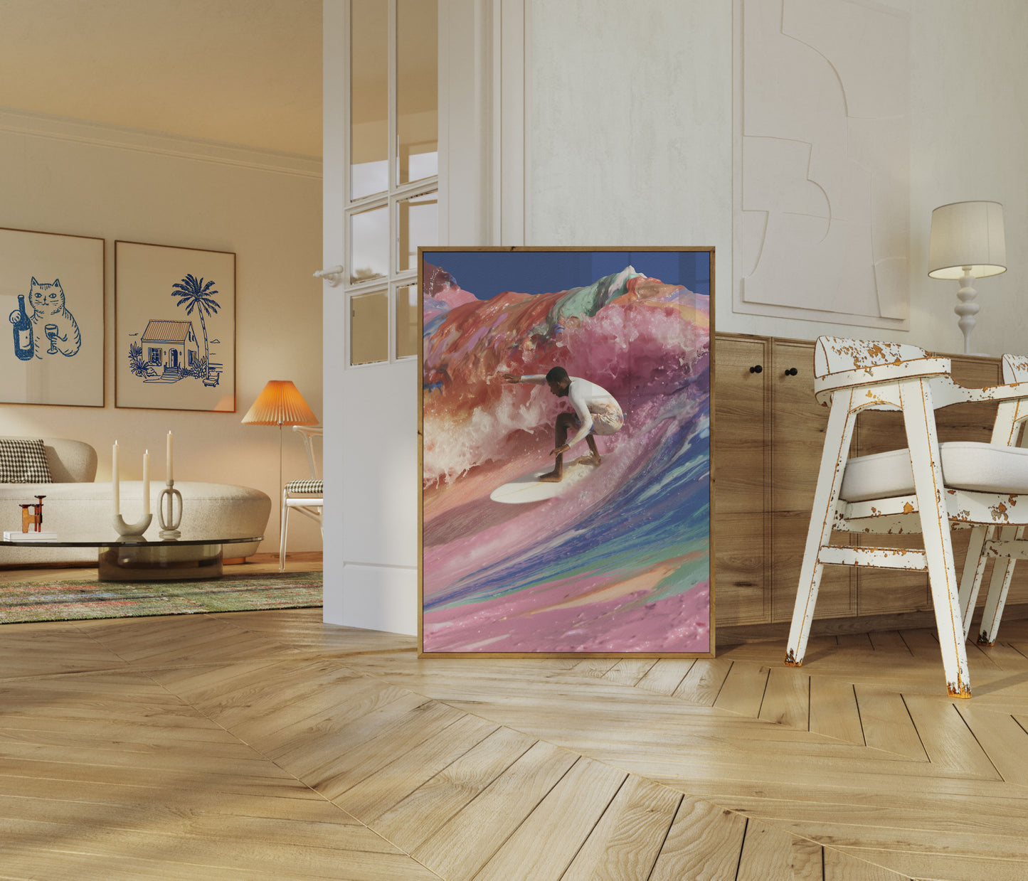 Plakat Surfera Jadącego na Kolorowej Fali