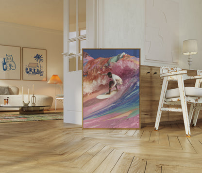 Plakat Surfera Jadącego na Kolorowej Fali