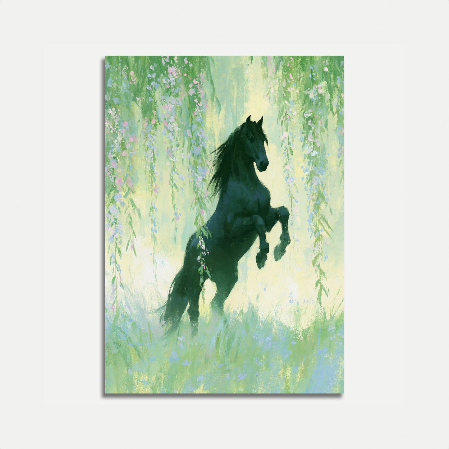 Sorte Hest i Blomsterhave Plakat