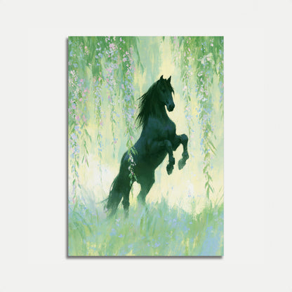 Sorte Hest i Blomsterhave Plakat